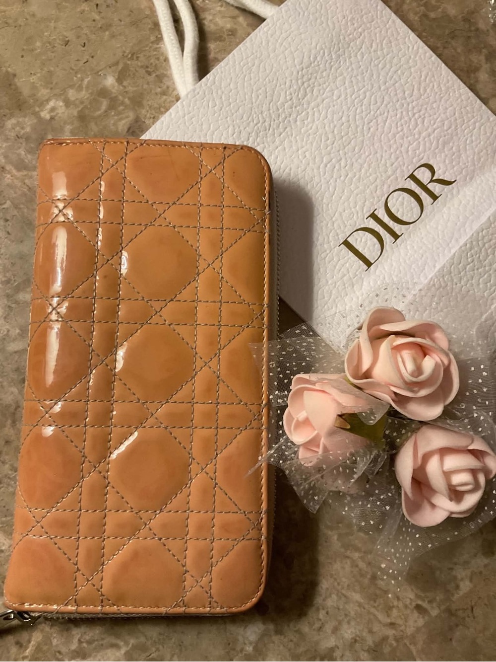 Dior Patent Quilted Zip around Wallet in Warm Tan